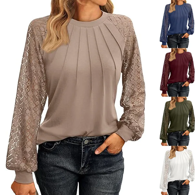 Women Autumn Lace Patchwork Long Sleeve Blouse