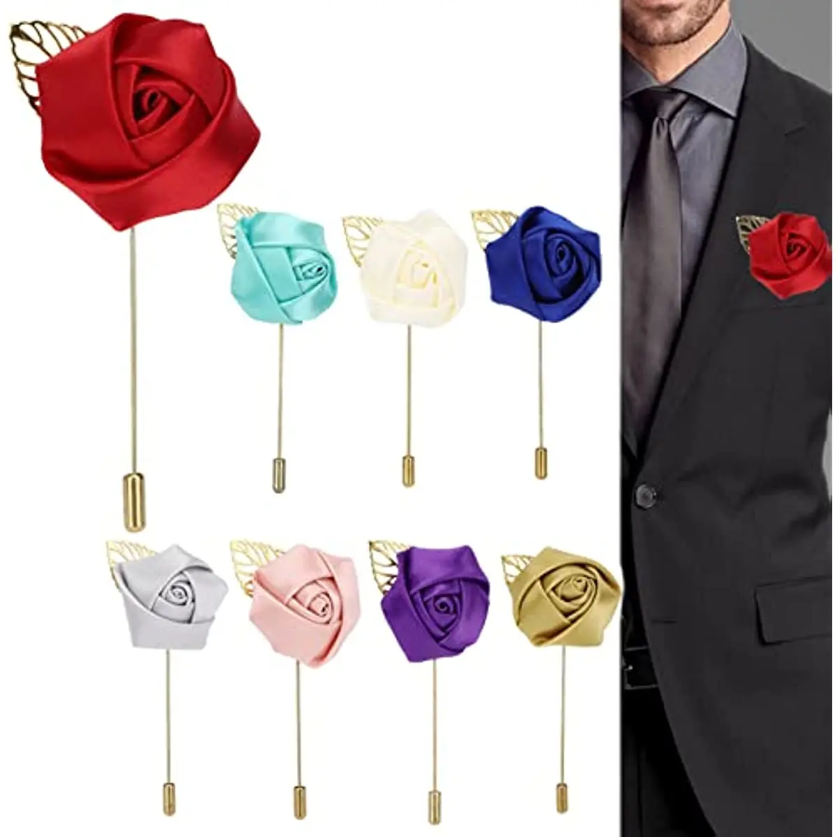 

8pcs Men's Lapel Pin Handmade Satin Flower Lapel Pin Badge Wedding Boutonniere for Groom Groomsman Bridesmaid Wedding Prom Party