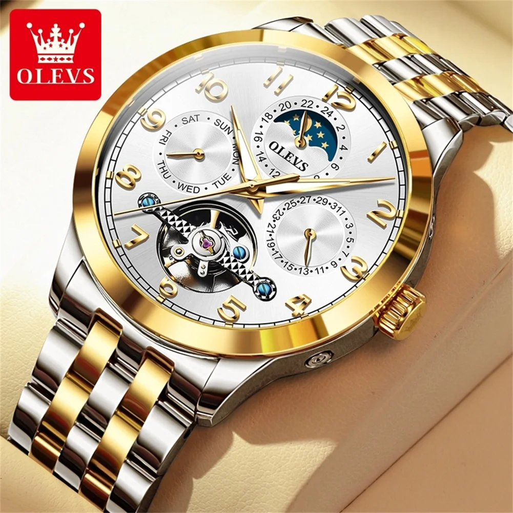 

OLEVS Brand 2024 Luxury Tourbillon Watch for Men Stainless Steel Waterproof Calendar Fashion Moon Phases Mechanical Watches Mens