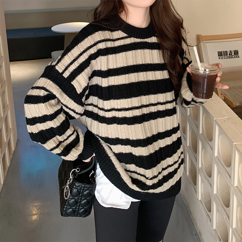 

Striped Sweater Women's Autumn and Winter Loose Fit Large Fit Slim and Lazy Style Retro Pullover Over Knitted Top