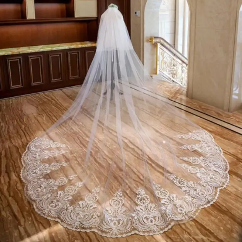 

Romantic 5M Wedding Veil Cathedral Two Layer Lace Appliqued Long Bridal Veils With Comb Woman Marry Gifts 2022 New Accessories