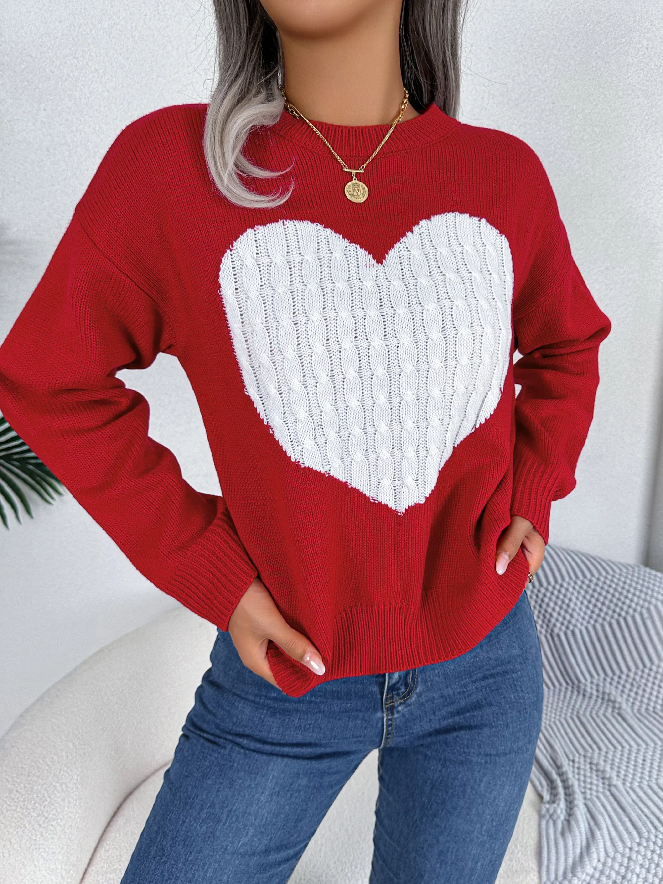 Pink Red Knitted Sweater for Women