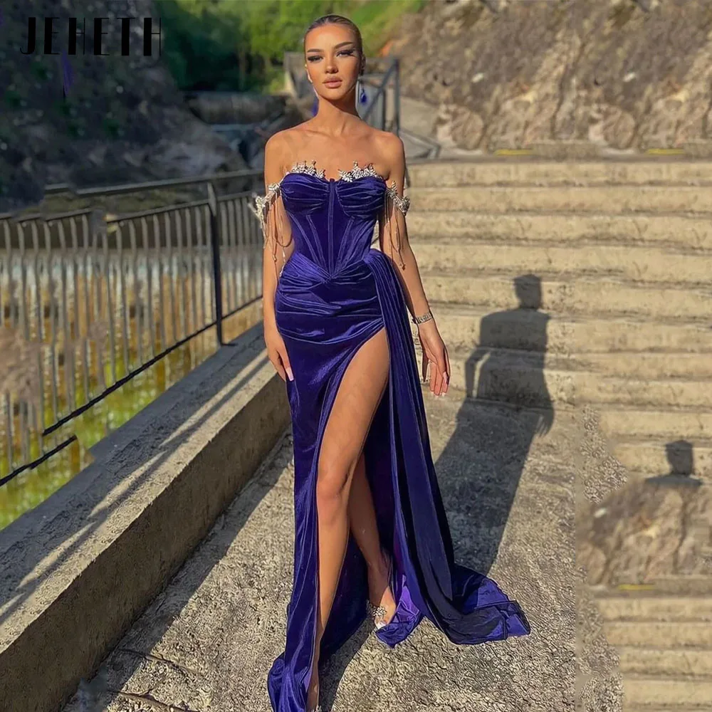 JEHETH Modern Purple Mermaid Prom Dress Off Shoulder Sweetheart Velvet Evening Gowns For Woman Side Split Sexy vestidos de noche