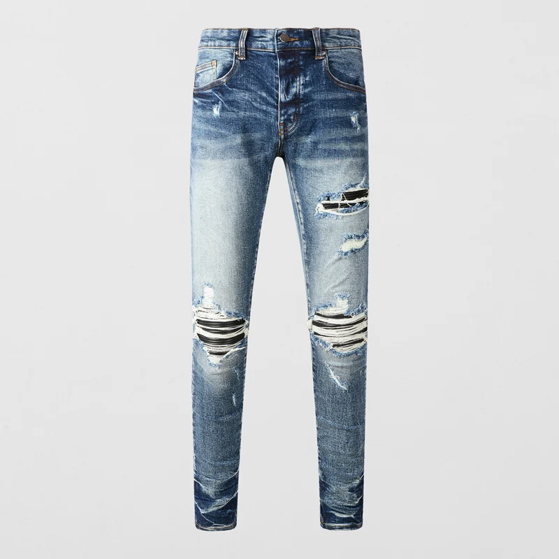 

Модные мужские джинсы treet, Высококачественные эластичные узкие джинсы с разрезом в стиле ретро, мужские кожаные дизайнерские панели, брендовые синие эластичные джинсы в стиле хип-хоп