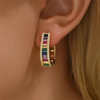 Mystic Rainbow Zircon Stone Geometric Hoop Earrings For Women Fashion Gold Silver Color Wedding Jewelry
