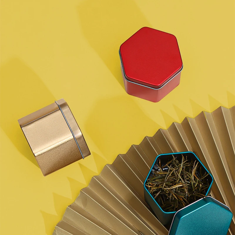 Portable tea tin box tea canister Solid Color Tea Sealed Box Teaware Storage Container Hexagonal Tinplate Can Coffee Sugar Kitchen Storage