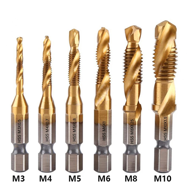 Description Picture 3 of itemTap Drill Bit Set Hex Shank Titanium Plated HSS Screw Thread Bit Screw Machine Compound Tap M3 M4 M5 M6 M8 M10 Hand Tools New