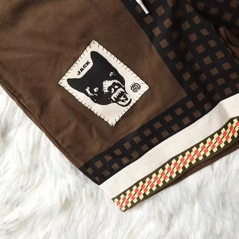 Kanye West Checkered Shorts Wolf-head Patch Panel Drawcord Plaid Men's Cartoon Sports Shorts Streetwear Urban Shorts for Male