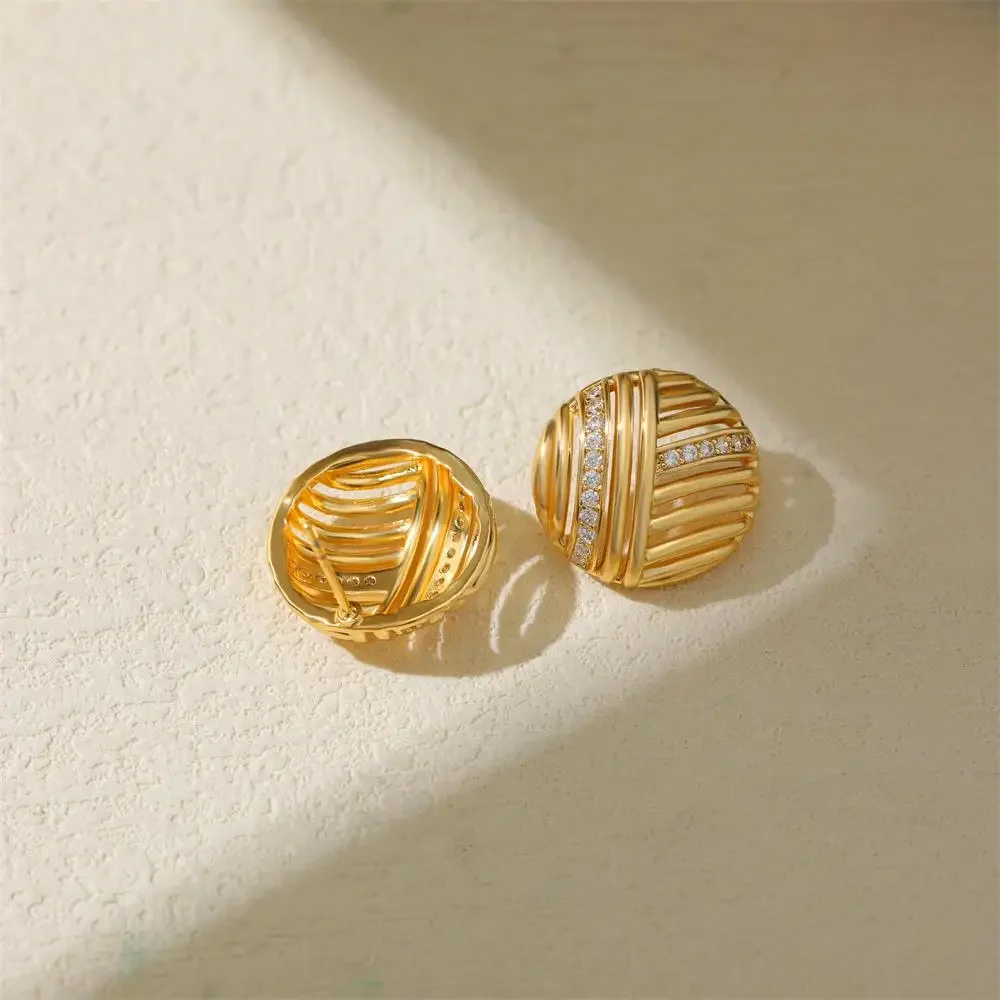 Sparkling Rhinestone Golden Stud Earrings Hollow Weaving Hemispheres Zircon Statement Earring Summer Versatile Women's Jewelry