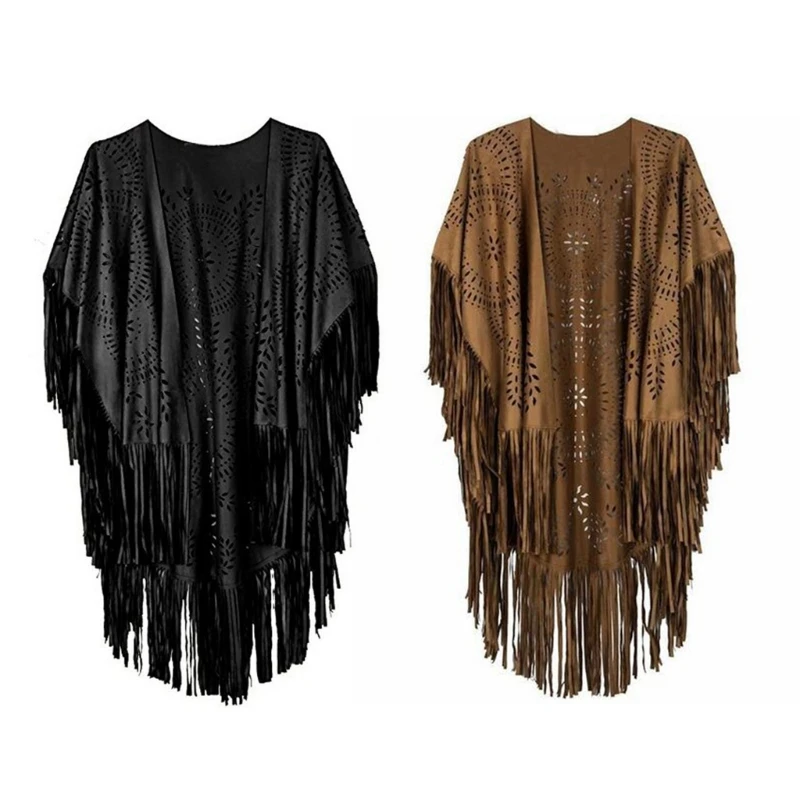Women's Tassels Sleeveless Vest Hippie Faux Suede Fringe Jackets Cardigan Summer Hollow Waistcoat Outwear Tops