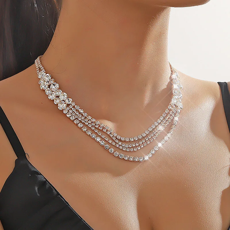 Multi-Layer Rhinestone Necklace For Women Crystal Claw Chain Exaggerated Ladies Sliver Necklace Chains Wedding Party Jewelry New