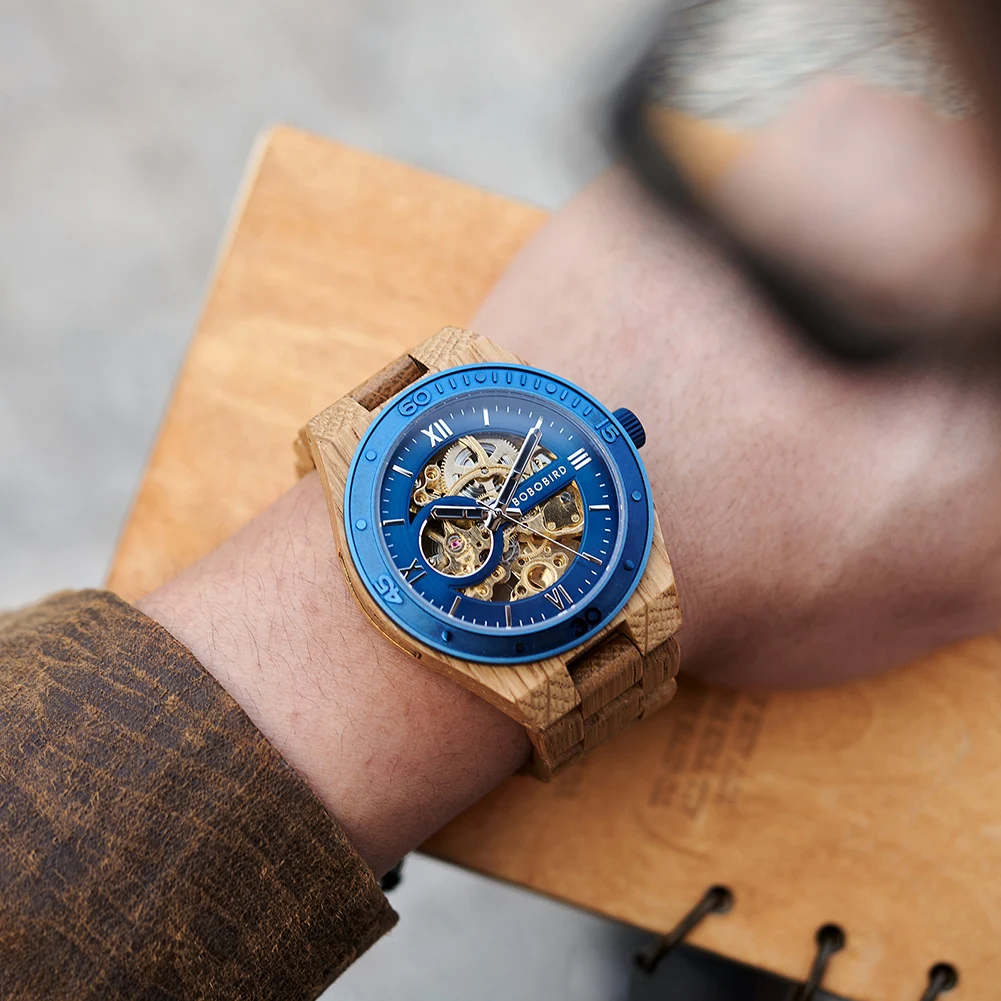 BOBO BIRD-Montre-bracelet en bois pour homme, montre mécanique automatique évidée, cadeau parfait pour la fête des pères, boîte en bois, nouvelle mode, 2023