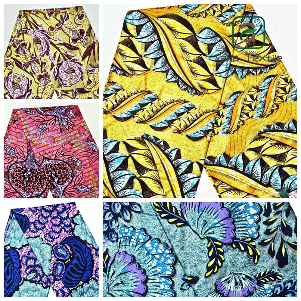 New African Grand Wax Fabric Glitter Grand Golden Wax Fabric Cotton Ankara Golden Wax Flash Gold Pagne Print Batik Good Quality