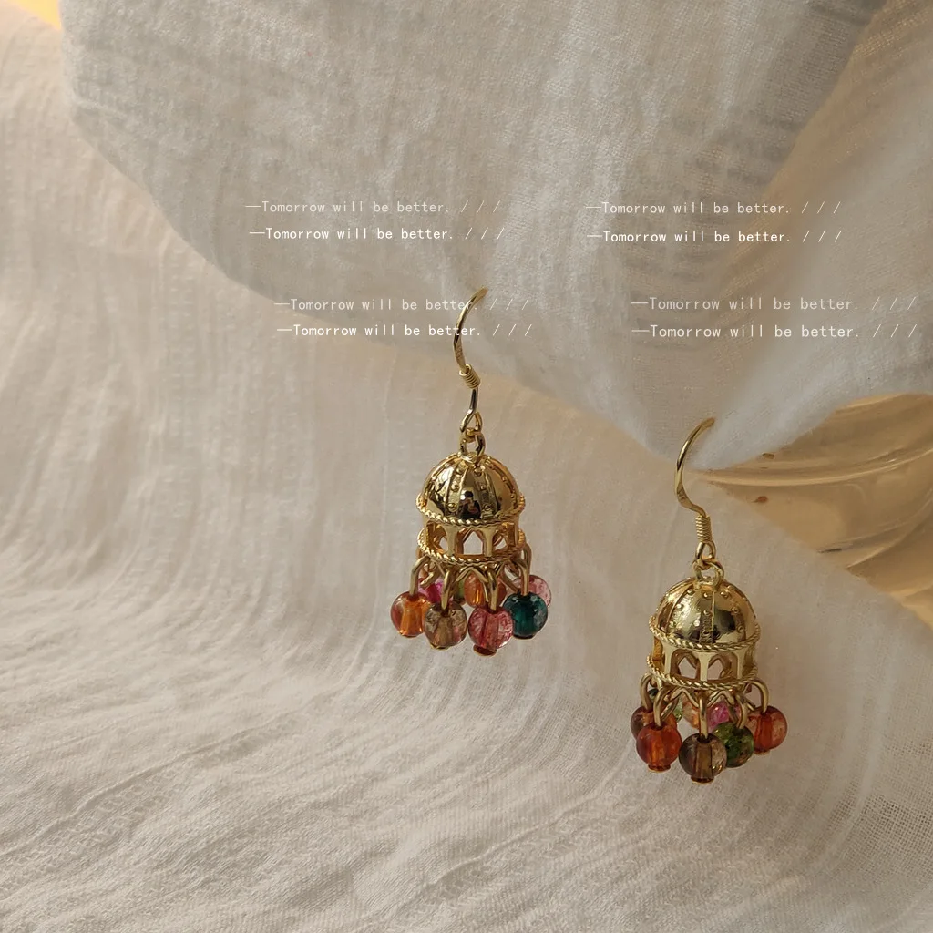 

Tibetan Ethnic Style Silver Needle Plated with 14K Handmade Design Dimensional Wind Bell Earrings, Women's Short Tassel Earrings