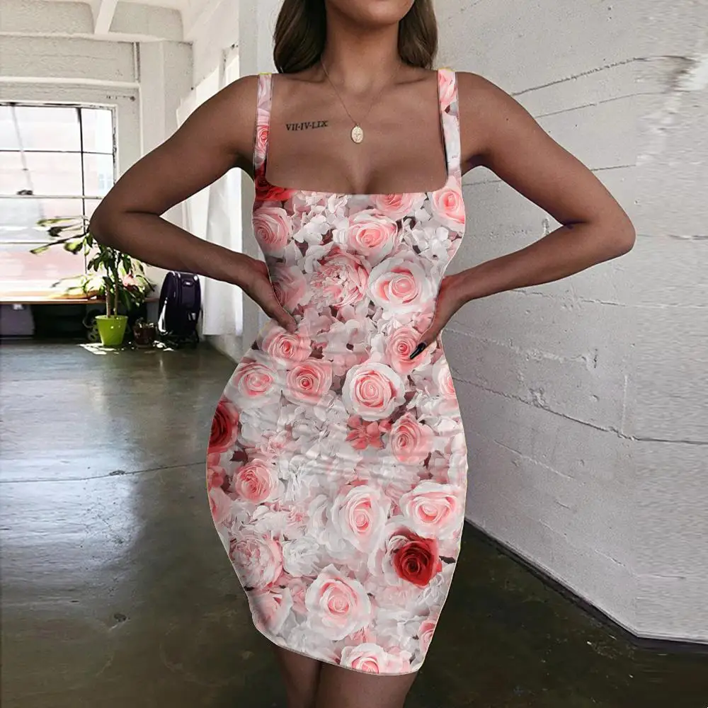 

SOMEPET Beauty Dresses Women Flowers Bodycon Dress Art Ladies Dresses Novel Halter Sleeveless Womens Clothing Club Vintage