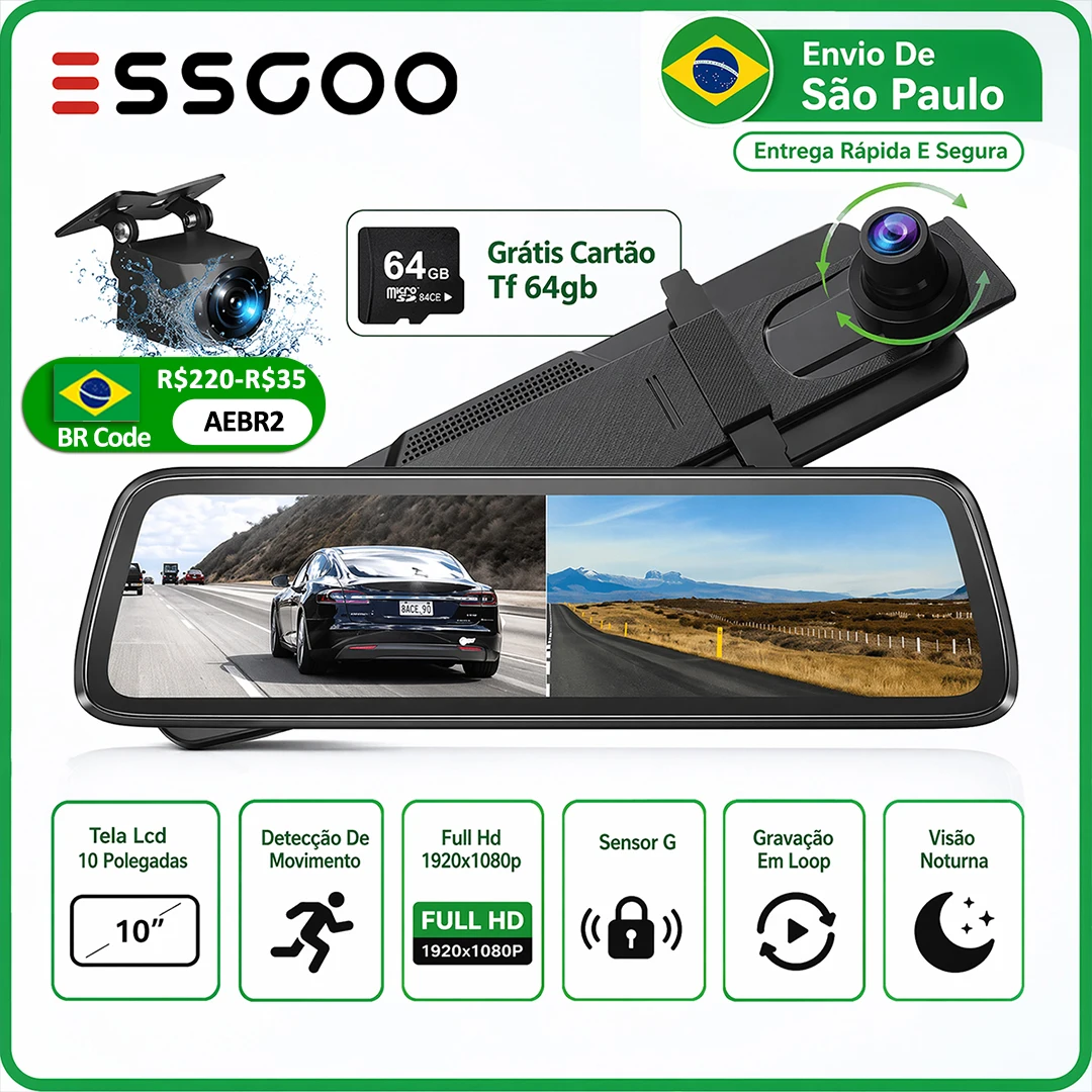 Câmera Veicular ESSGOO 10" com Tela Touch, Vídeo 1920*1080P, GPS, WIFI, AUX, Gravador de Espelho Retrovisor