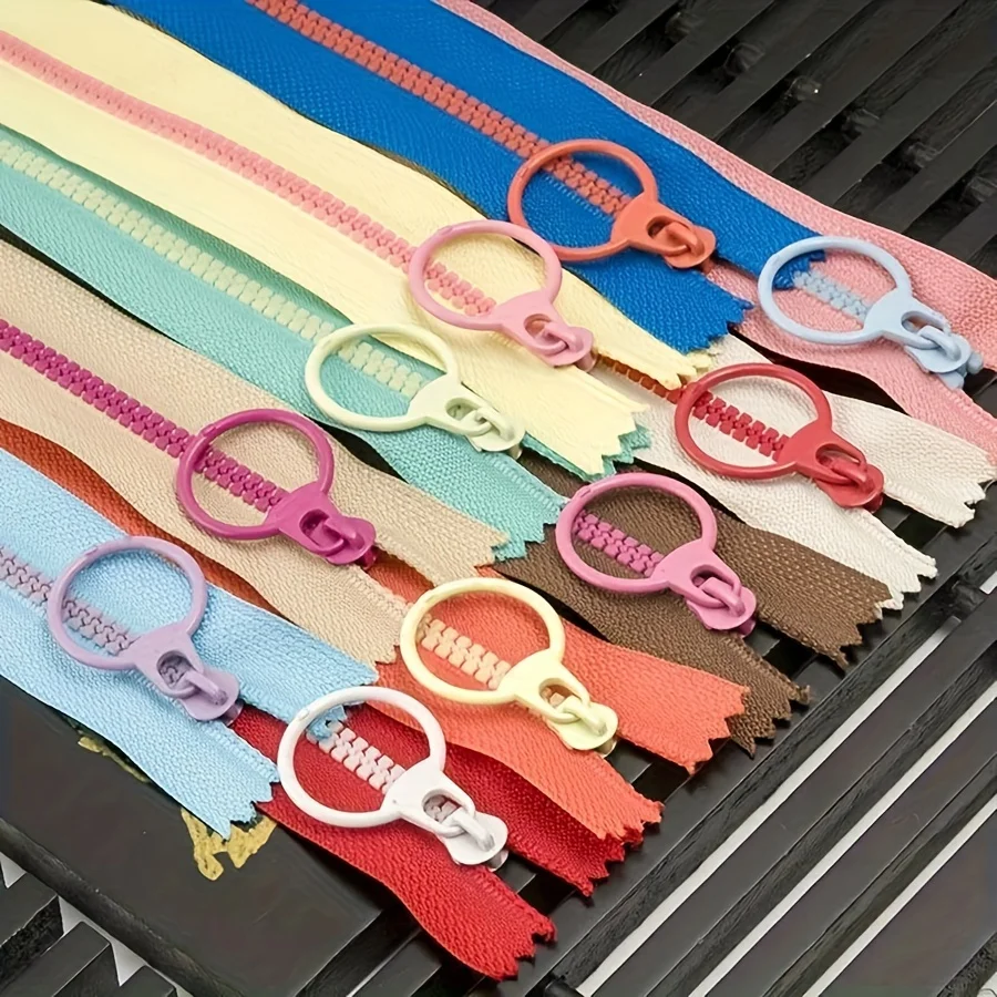 Mixed Size Resin Zippers with Pull Loop - Pack of 10, Durable and Ideal for Sewing, Crafts, and Bags