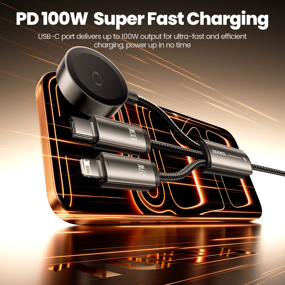 투키 100W 3-in-1 USB 케이블 (아이워치 시리즈용 워치 충전기 포함) USB C - 타입 C - 아이폰 13 14 15 16 17용 라이트닝 케이블