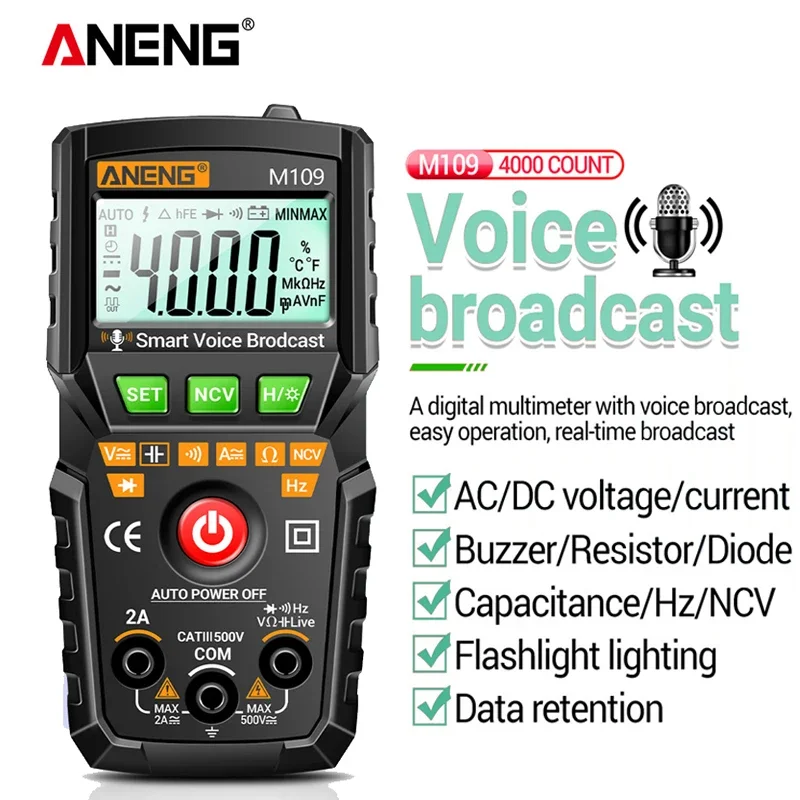 ANENG M109 스마트 멀티미터 테스터 AC/DC 전압 음성 방송 미터 NCV 정전용량 연속성 전문 전기 도구