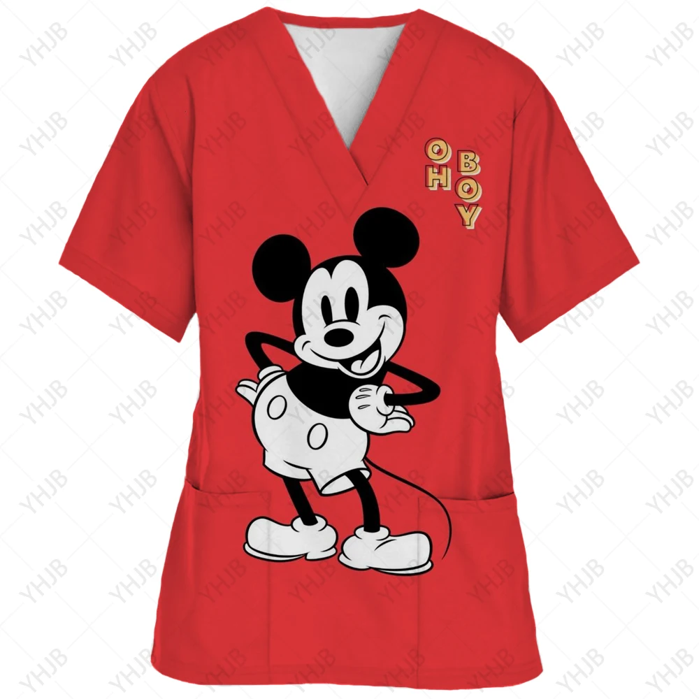 thumbnail image 1 of Uniforme de enfermera de verano con estampado de Mickey Mouse de Disney, ropa de trabajo para dentistas, salones de belleza y tiendas de mascotas, camisetas con cuello en V y bolsillos, 1 of 5