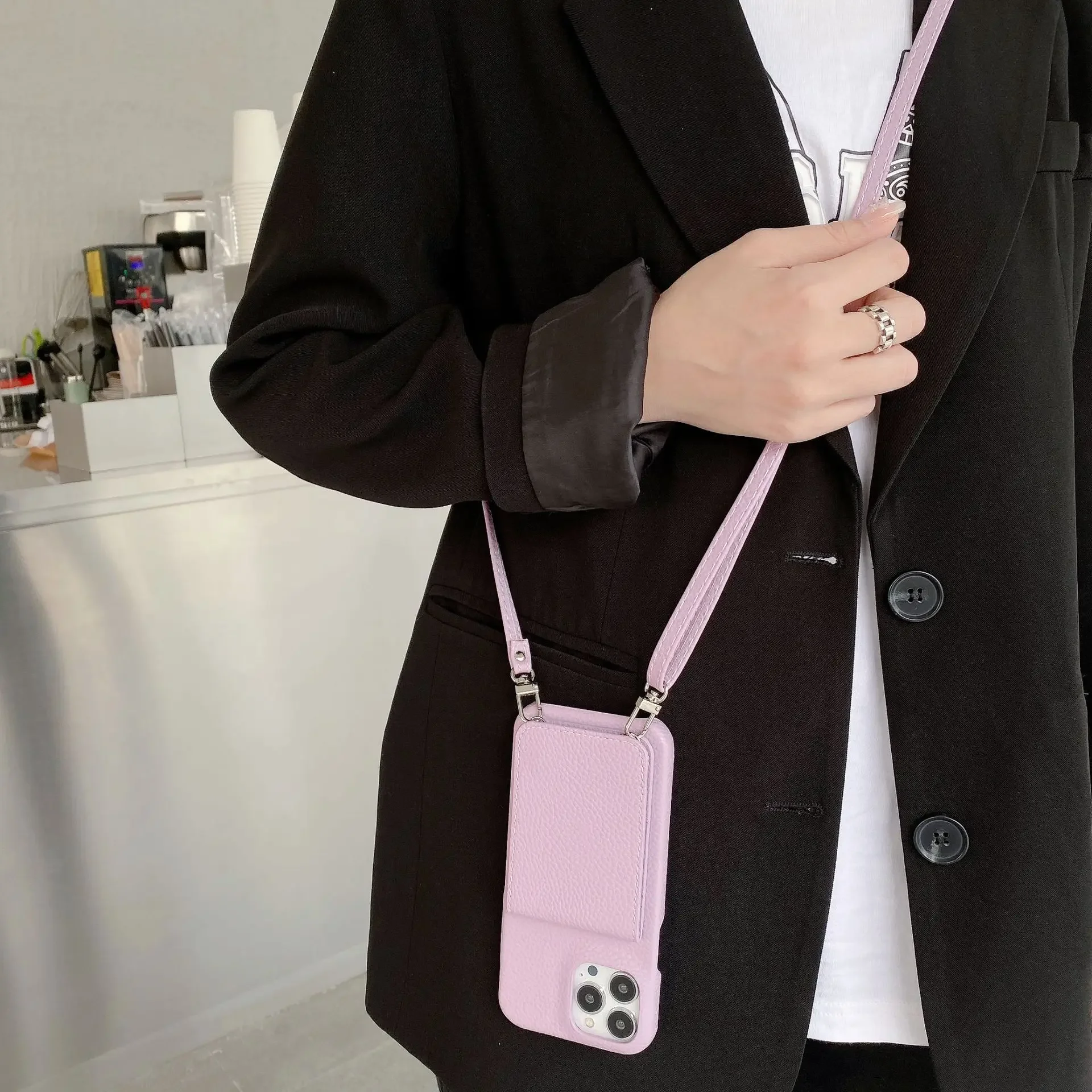 Elegant Leather Crossbody Phone Case with Lanyard and Card Holder