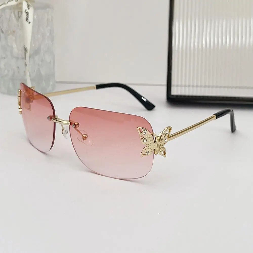 

Y2K Luxury Brand Designer Rimless Square Sunglasses Women For Female Trendy Sun Glasses Diamond Butterfly Pink Punk Shades UV400