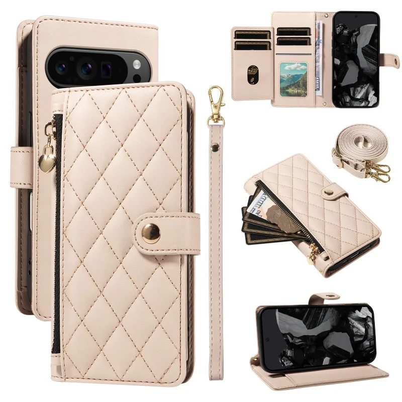Elegant Leather Zipper Flip Phone Case with Long Lanyard and Wrist Strap Wallet