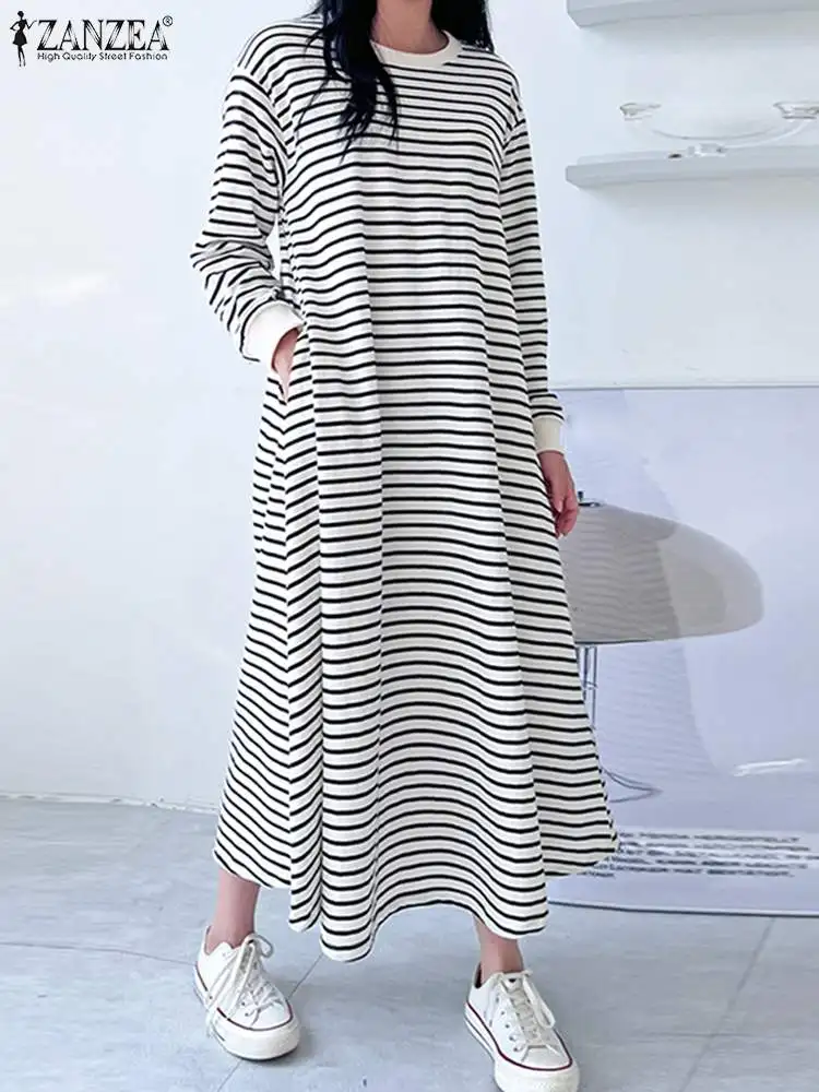 

ZANZEA Fashion Autumn Striped Dress Casual A Line Loose Vestidos Women O Neck Long Sleeve Midi Sundress Female Work Holiday Robe