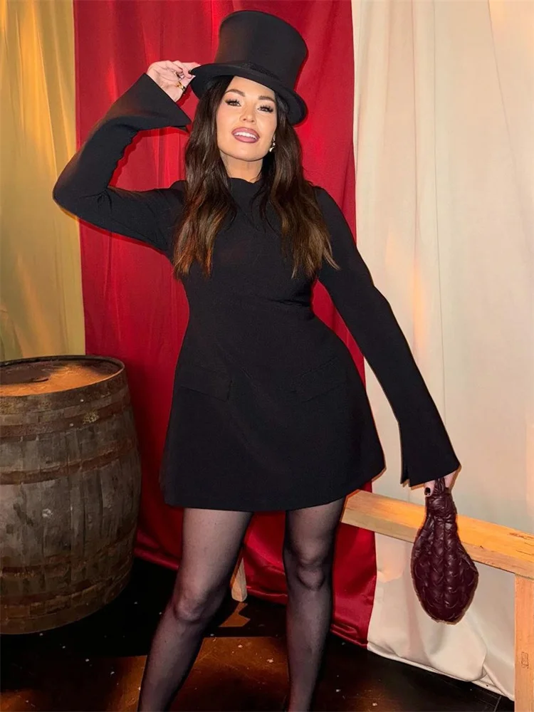 Female Autumn Elegant Mini Dress Women's Pocket Patchwork Slim Long Sleeve Commute Clothes Female Solid Casual Mini Dress