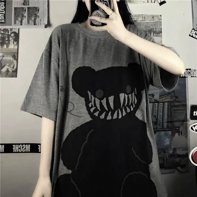 

Harajuku Hip Hop Women Oversized Clothing Punk Short Sleeve Couple T Shirt Streetwear Summer Femme Ulzzang Bear Print Tops Girl