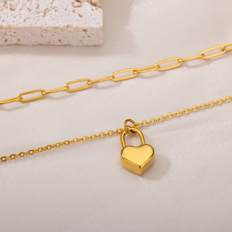 Stainless Steel Heart Necklace Multilayer Chain Gold Plated Pendant