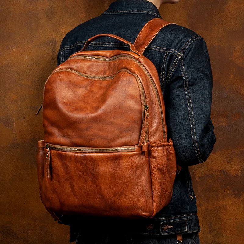 New Retro Genuine Leather Men's Backpack Casual Laptop Bag Vegetable Tanning Leather Travel Backpacks Men Schoolbag
