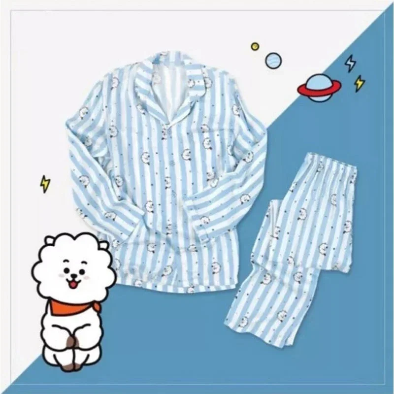 Print Women's Striped Cartoon Cute Pajamas Set Top Shirts Pants Kawaii Homewear Suit Female Spring Summer Korean Sleepwear Suits