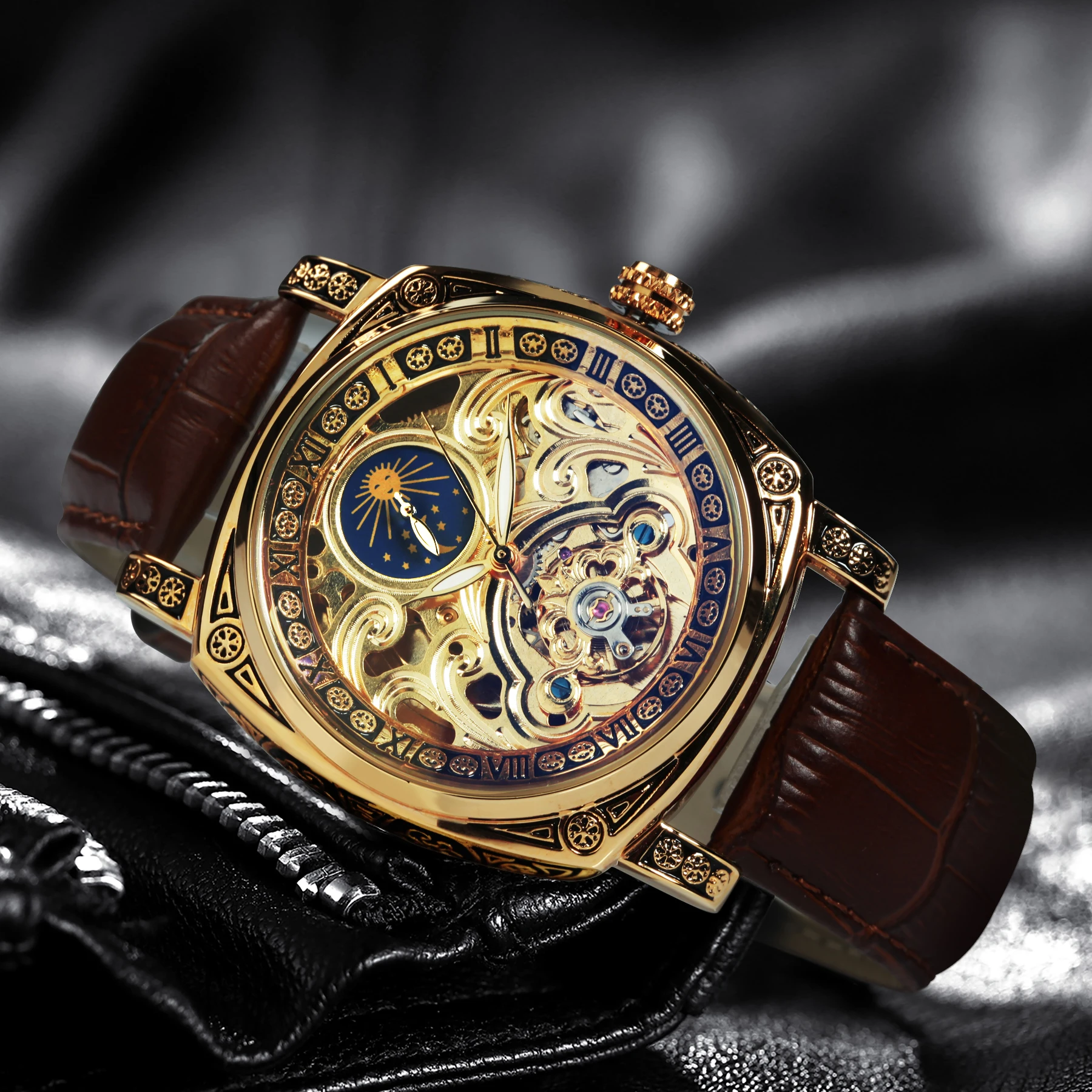 Vintage Square Tourbillon Mechanical Watches Luminous Hands Leather Strap Business Skeleton Automatic Mens Watch_voghion.com
