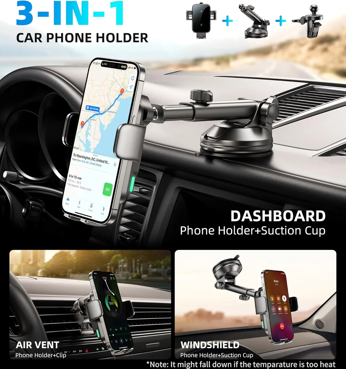 15W Car Phone Holder Wireless Car Charger Dual Coil Dash thumbnail 2