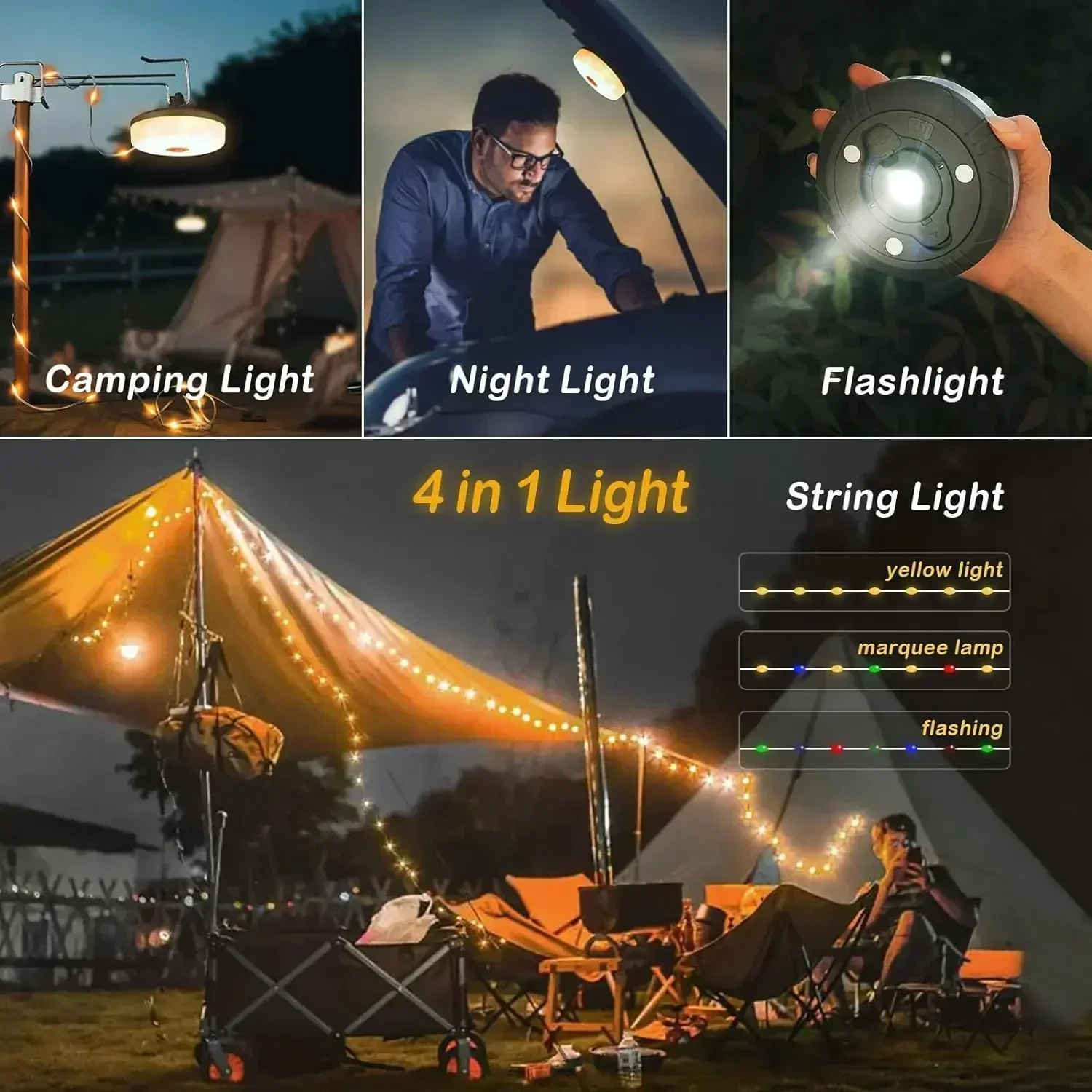 Outdoor Camping Light USB Rechargeable Waterproof Fair Light String Portable and Scalable Suspended Tent Atmosphere String