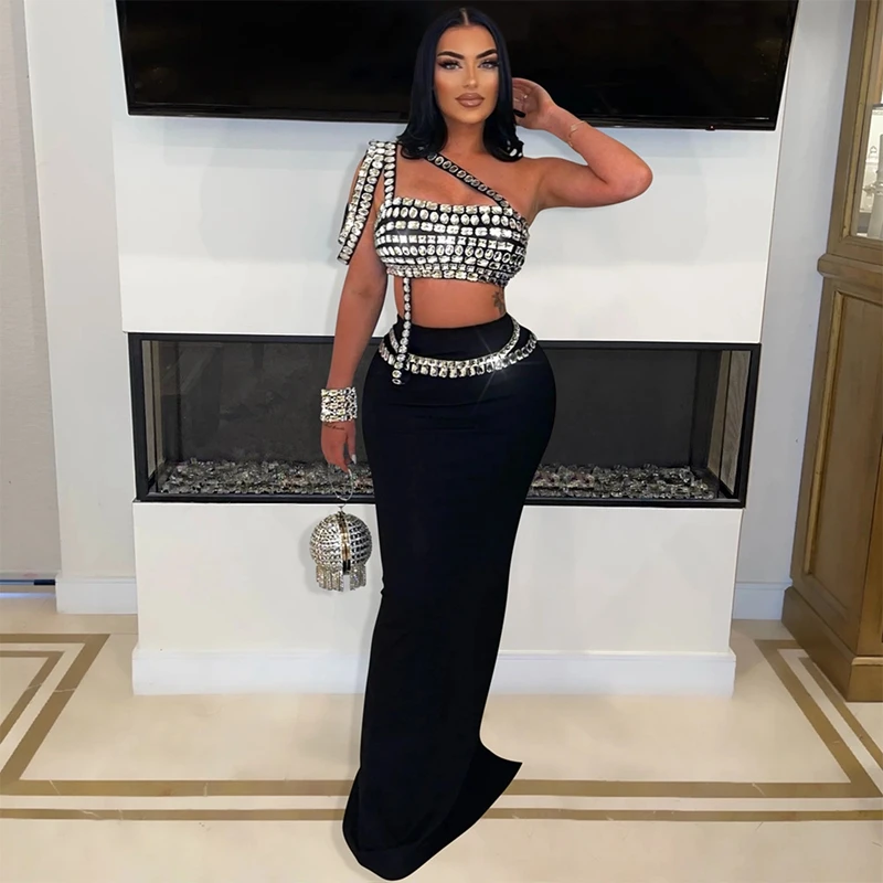 Rhinestone Women's Two Piece Dress Set Summer Spaghetti Strap Crop Top And Skinny Bodycon Maxi Skirt Sexy Evening Party Dresses