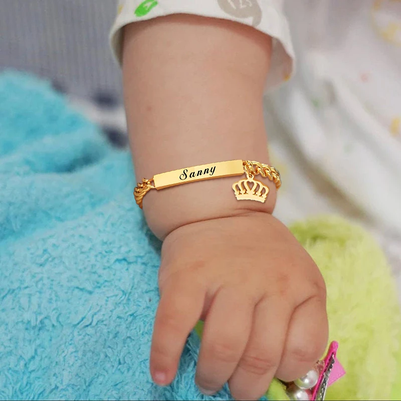 Bracelet Personnalise Avec Nom Et Identification De Bebe Bracelet De Couronne A Maillons De Chaine Gourmette En Acier Inoxydable Non Allergene Cadeaux Pour Filles Et Garcons Nouveau Ne Aliexpress