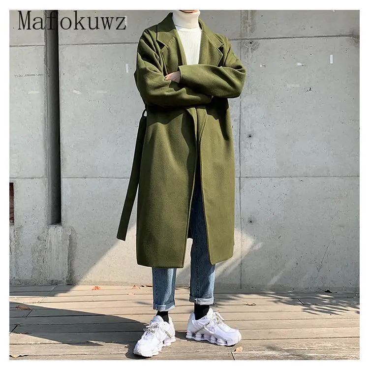 Spring Autumn Mid-length Woolen Overcoat Men's Solid Casual Loose High Street Personality Windbreaker Jackets Male Clothes