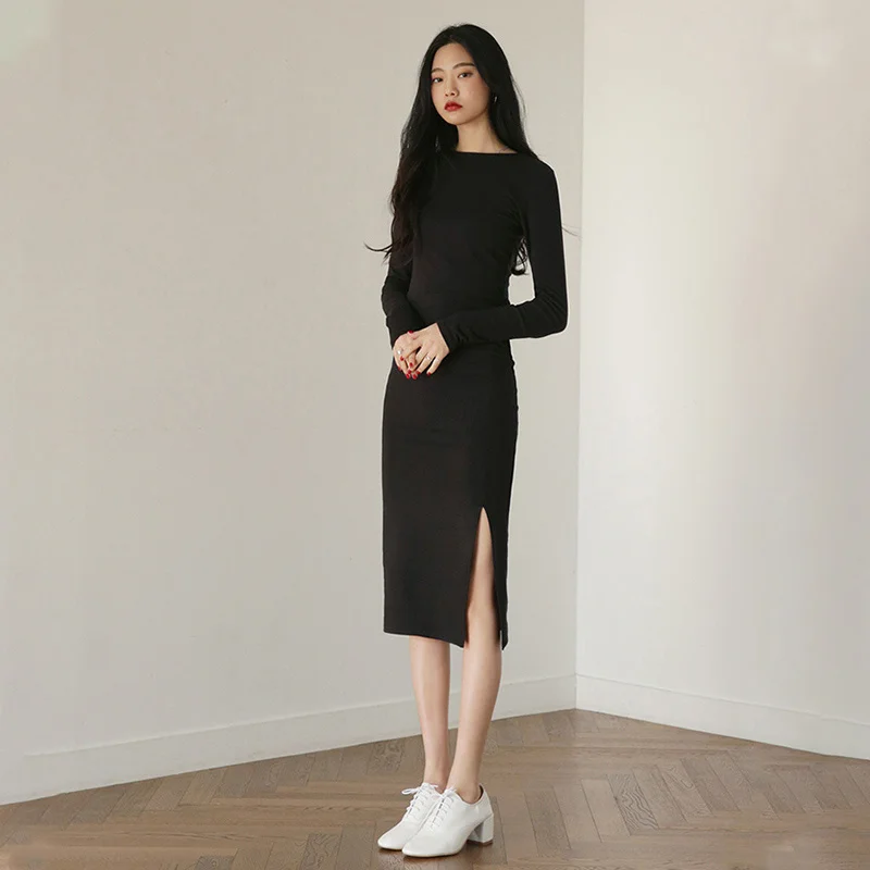 

2023 Spring and Autumn New Little Black Dress Women's Slim Fit Sexy Mid length Dress Split Style Bottom Wrap Hip Dress