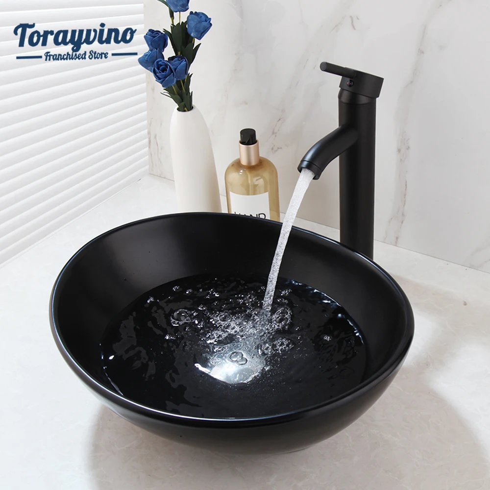 

Torayvino Bathroom Basin Sink Faucet Modern Matte Black Vessel Sink Basin Single Handle Deck Mounted Hot Cold Water Mixer Taps