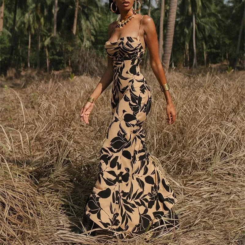 Talenza Elegant Floral Print Sexy Maxi Dress For Women Fashion Spaghetti Strap Sleeveless Backless Bodycon Sexy Long Dress New
