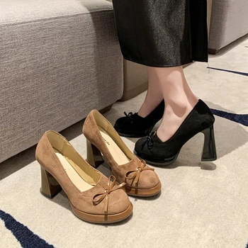 French Retro Round Head High Heels Women Spring and Autumn New Small Bow Shallow Mouth Women's Shoes Thick Heel Single Shoes 4