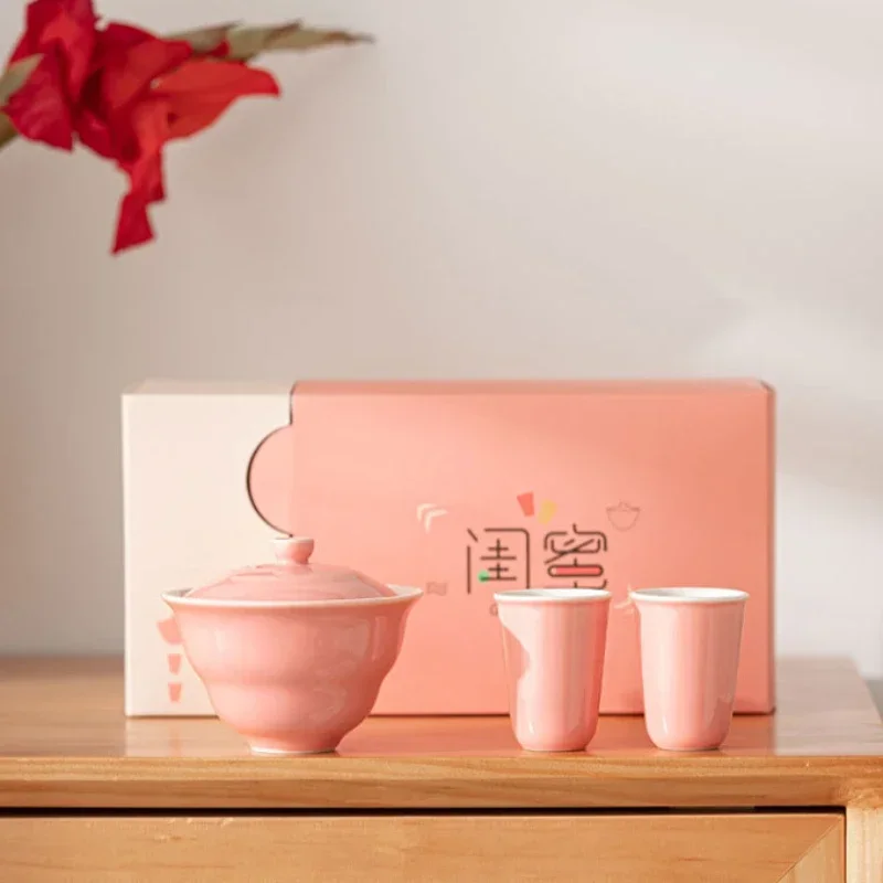 Simple Ceramic Kung Fu Tea Set One Pot and Two Cups Pink Ercai Bowl Goddess' Day Souvenirs Matcha Tools Teaware Kitchen Dining