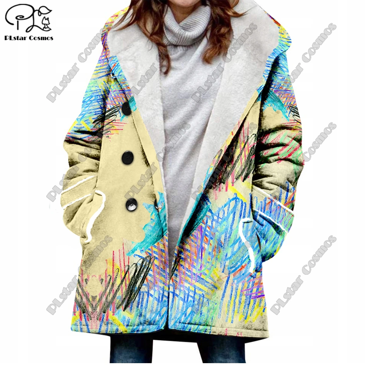 3D printing retro gradient pattern printed hooded fleece jacket warm women's jacket winter casual gift series new style -4