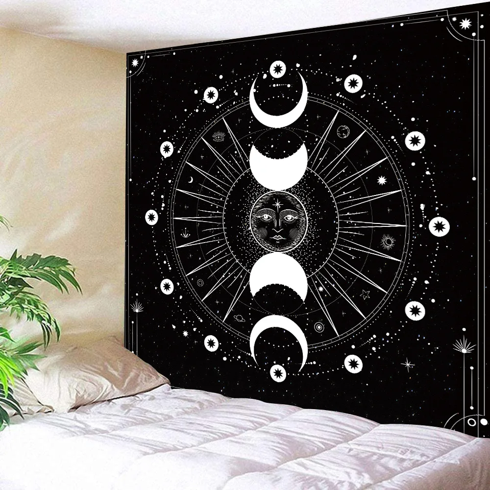 White Black Sun Moon Mandala Phase Wall Hanging Tapestry Moonlight Black Tapestries Boho Room Wall Decor Home Decoration