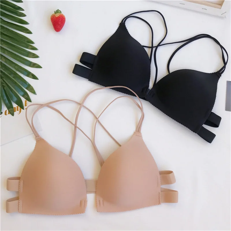 Sexy Suspender Bra Triangle Cup No Steel Ring Beautiful Back Bra Women Gather And Pull Chest Underwear Front Buckle Black Bra