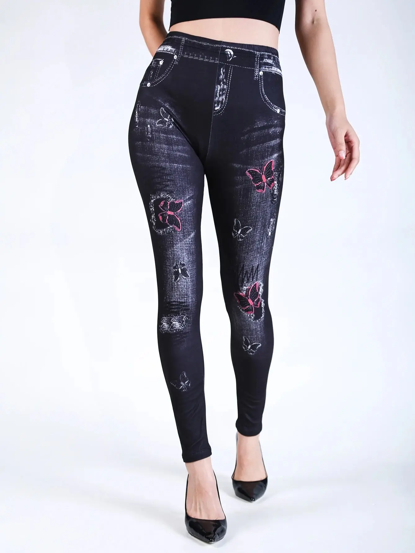 

YSDNCHI Brushed Fake Denim Fashion Hip Lifting Leggings Women's Retro Sexy Super Elastic Printed Butterfly Pencil Pants