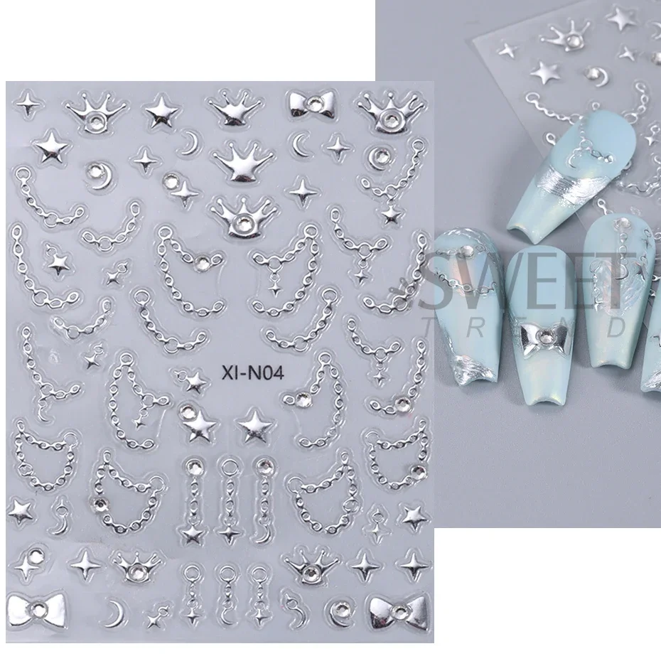 5D Embossed Metal Silver Stars Nail Stickers Mixed Color Resin Rhinestone Chain Pearl y2k Style Engraved Holographic Decoration