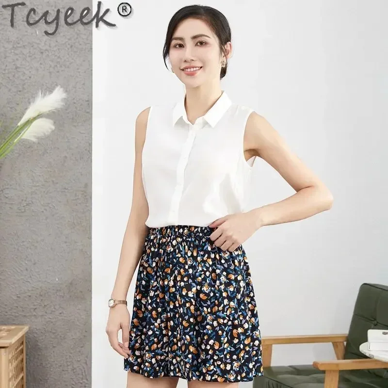 

95% Tcyeek Mulberry Real Silk Shirts for Women Sleeveless Shirt Womens 2024 Summer New Square Neck Casual Tops Camisas De Mujer